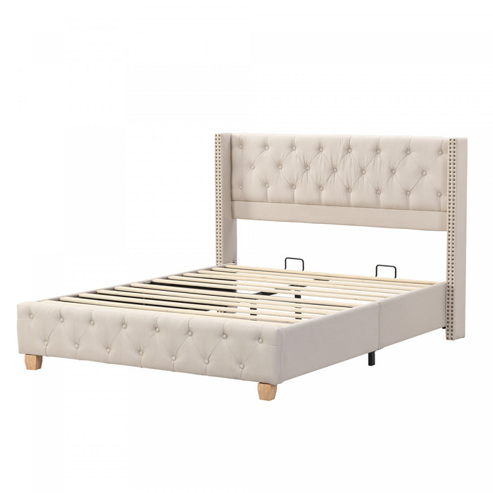 Lit plateforme en lin Haley avec tete de lit a ailes classiques et capitonnage en diamant, taille Full, beige