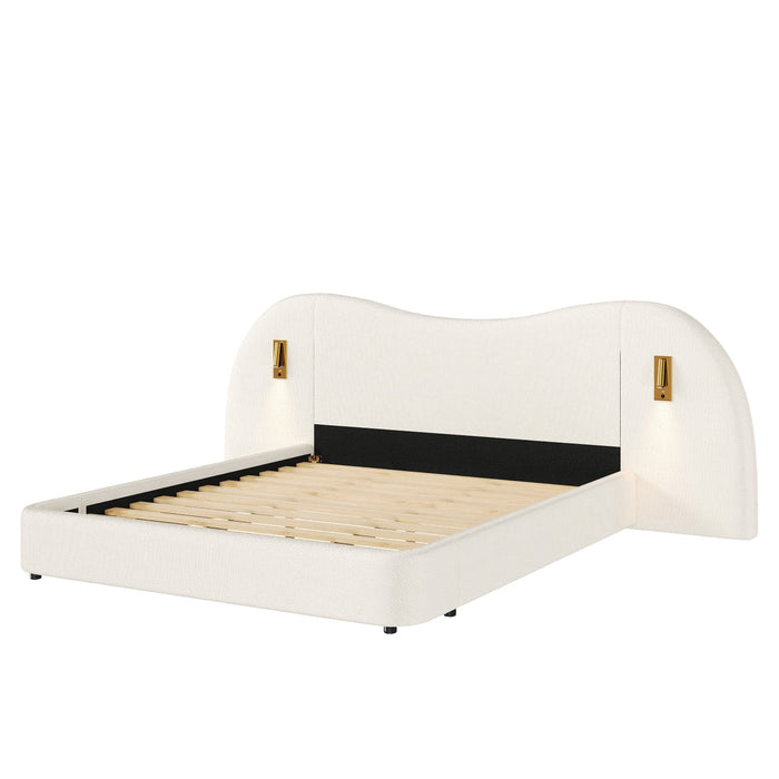 Lit Garcia en boucle avec tete de lit en forme de nuage, lumieres de lecture integrees et ports USB, taille king, blanc