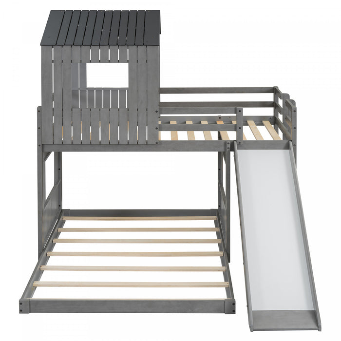 Lit Superpose Marico En Bois Massif, Taille Simple En Haut Et Double En Bas, Avec Toboggan, Design Maison De Jeu, Gris Antique