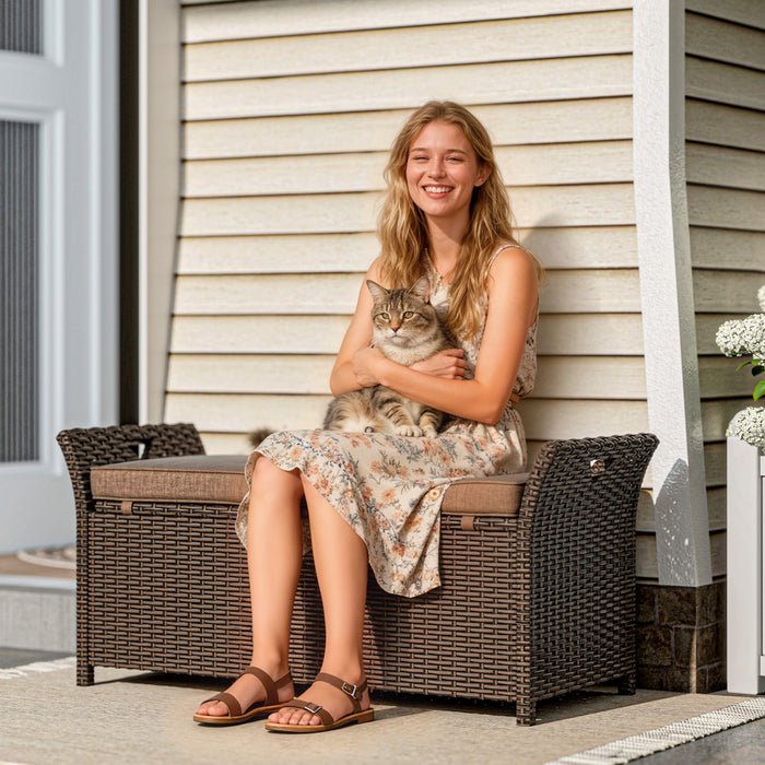 Outsunny Banc de Rangement en Rotin, Coffre de 29 Gallons, Beige