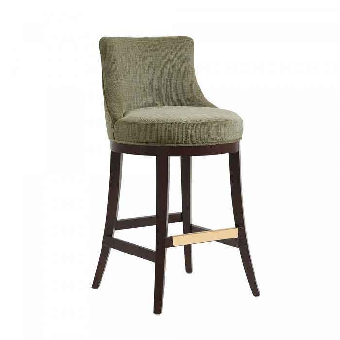 Tabouret de bar moderne Lucia en bois et tissu chenille vert feuille - Lot de 2