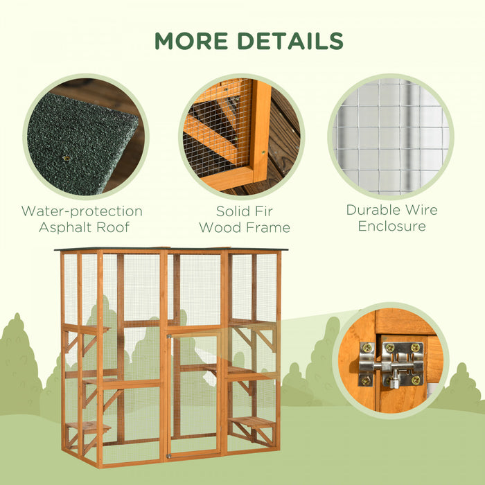 Pawhut Grand Enclos Exterieur Pour Chat, Terrasse En Bois Pour Chat Avec 6 Plates-formes Equilibrees Et Toit En Asphalte, 71\" X 38.5\" X 71\", Orange