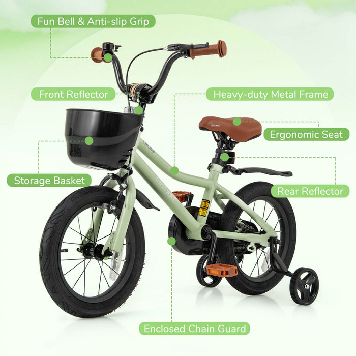 Costway 14\" Velo Pour Enfants Avec Roues D'entrainement Guidon Reglable Et Frein A Main Du Siege Vert