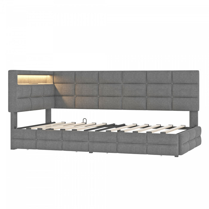 Banquette-lit Sophia rembourree avec lumieres LED et tiroirs de rangement, taille simple, gris