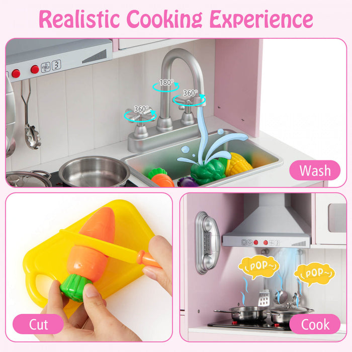Jeu De Cuisine Pour Enfants, Jouet De Cuisine Avec Hotte, Machine A Glacons Et Telephone, 16 Accessoires, Sons Et Lumieres, Cuisine En Bois, Cadeau Pour 3 Ans Et Plus, Rose