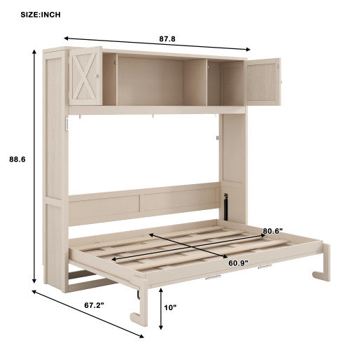 Lit escamotable Ethan en bois massif avec armoires de rangement, taille queen, beige