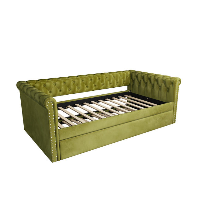 La Sophia Daybed avec design capitonne, revetement en tissu, lit d'appoint avec trundle et dossier confortable, couleur verte