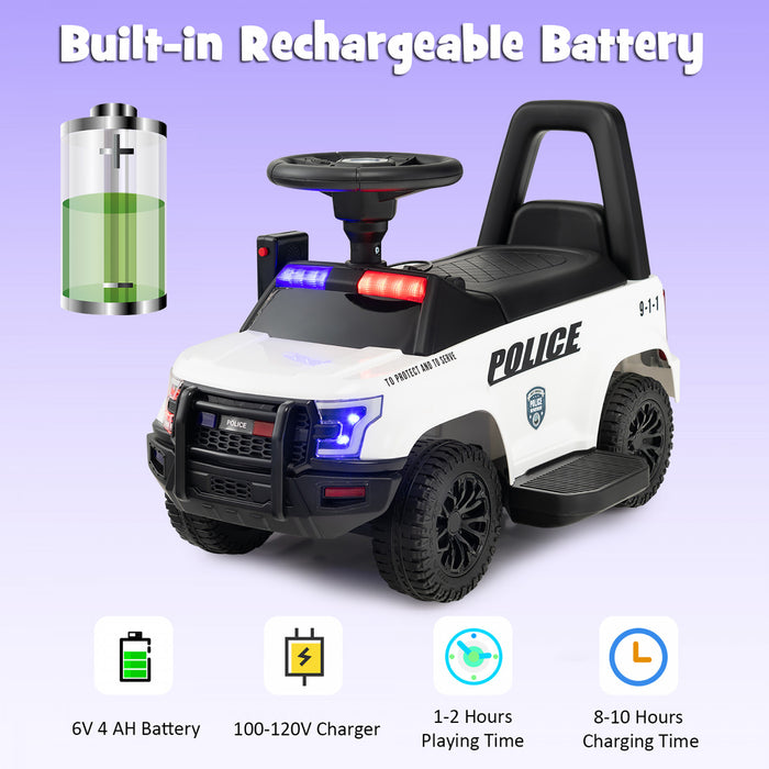 Costway 2-en-1 6v Enfants Rouler Sur La Voiture De Police Enfant Pousser Voiture W / Megaphone & Sirene Blanche