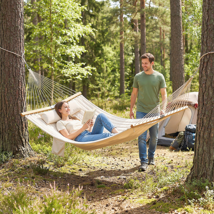 Outsunny Hamac Exterieur 200 kg avec Barres en Bois, Blanc Creme