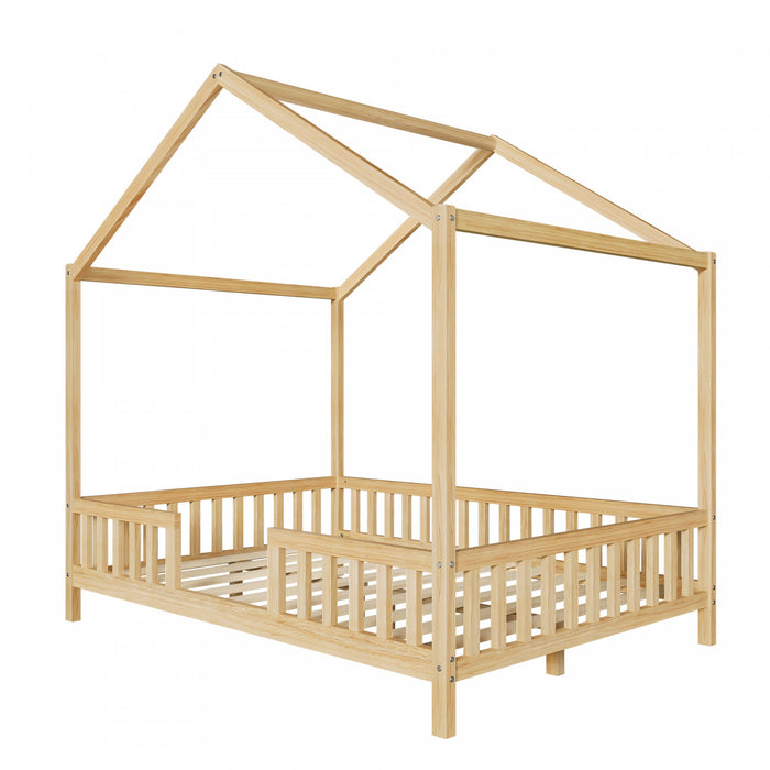 Paul Lit Montessori au sol avec baldaquin et barrieres hautes, Taille Double, Bois Naturel