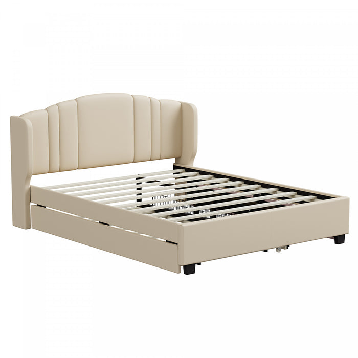 Lit plateforme Jean rembourre avec tete de lit a oreilles et tiroirs de rangement, taille queen, beige