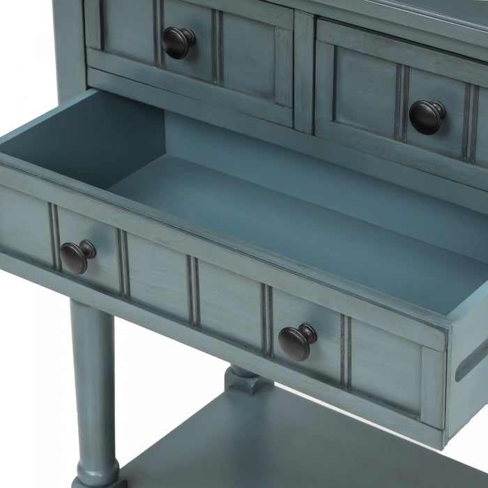 Table Console Olivia En Bois Massif Avec Tiroirs Et Etagere Inferieure - Bleu