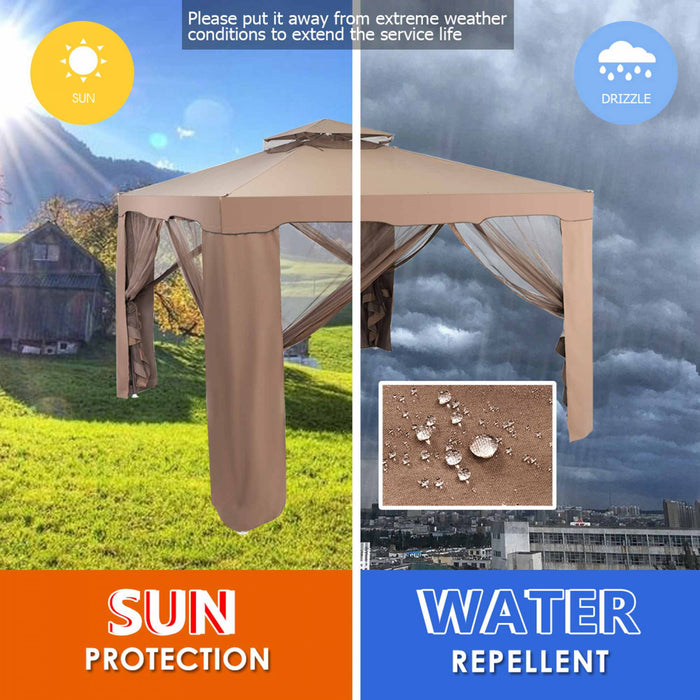 Tonnelle Pavillon De Jardin En Fer Et Polyester, Tente De Reception Avec Moustiquaire Et Toiles Laterales Amovibles Et Impermeables, Tente De Jardin A 4 Cotes 300 X 300 X 200/265 Cm, Beige&brun