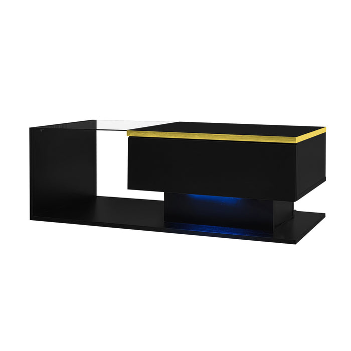 Ethan Table Basse Haute Brillance de 35,4\" avec Verre et Effet LED, Noir