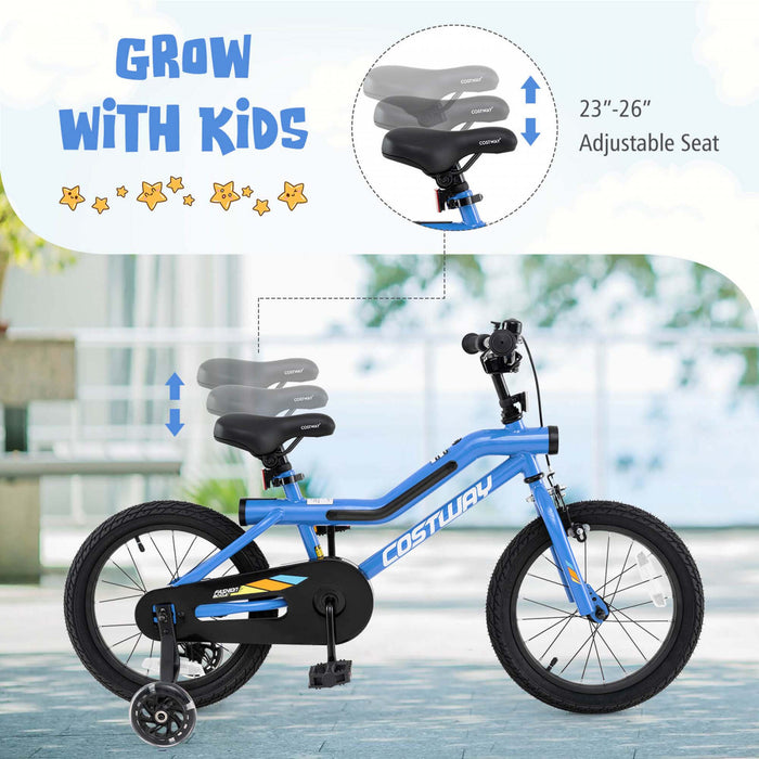 Costway 16\" Led Eclaire Velo Pour Enfants Avec Siege Reglable Coaster Frein Roues D'entrainement Bleu