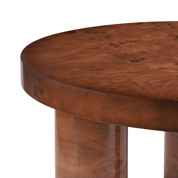 Table basse ronde moderne Lira 31,5 pouces placage bois a trois pieds cylindriques, brun