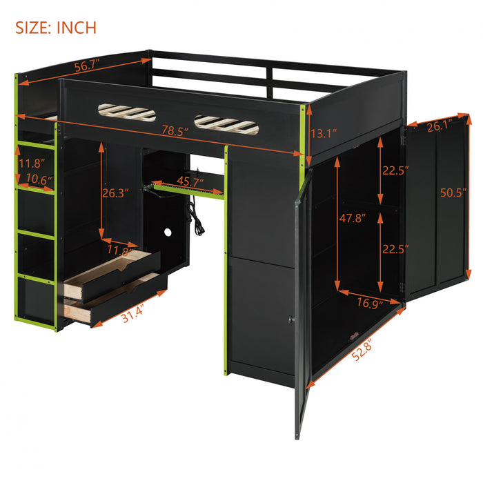 Jerry Lit mezzanine en bois avec bureau et rangement, Taille Double, Vert