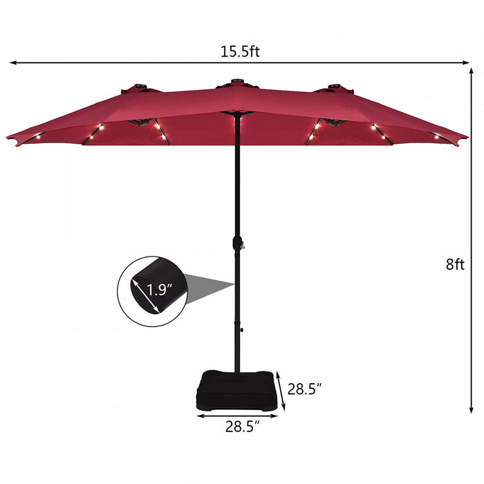 Costway Parasol de marche double-face solaire LED 15Ft Patio avec manivelle pied Bourgogne