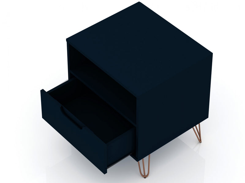 Table de nuit Rockefeller Mid-Century Modern 20\" en bleu minuit (1 tiroir) - Lot de 2