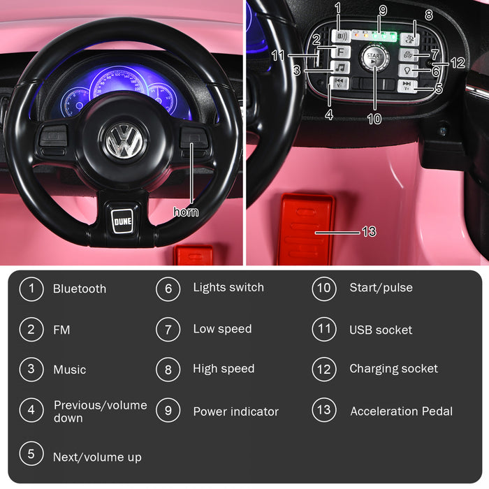 Voiture Electrique 12v Pour Enfants Costway, Sous Licence Volkswagen Beetle Avec Telecommande Et Musique, Rose