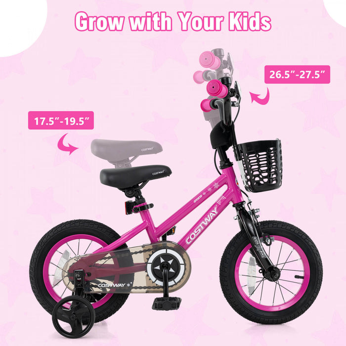 Costway 12\" Velo Pour Enfants Avec Roues D'entrainement Guidon Reglable Et Frein A Main De Siege Rose
