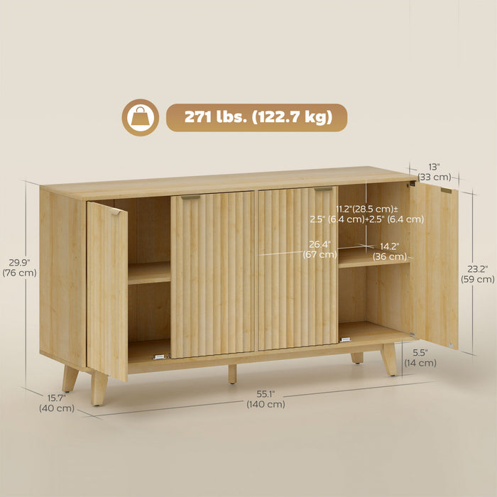 Buffet moderne de 55 po avec portes cannelees et pieds en bois naturel
