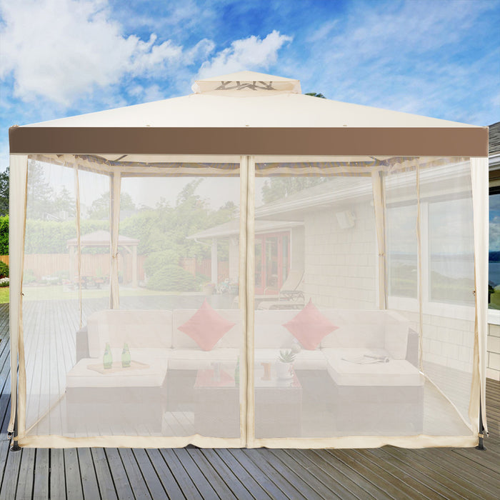 Tonnelle Pavillon De Jardin En Fer Et Polyester, Tente De Reception Avec Moustiquaire Et Toiles Laterales Amovibles Et Impermeables, Tente De Jardin A 4 Cotes 300 X 300 X 200/265 Cm, Beige&brun