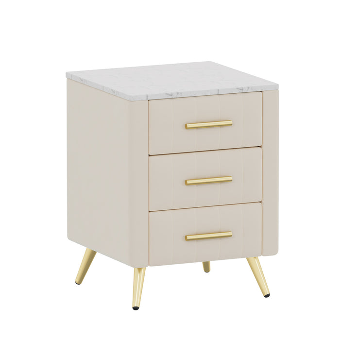 Table de chevet Dylan en bois rembourre avec 3 tiroirs et pieds en metal, beige