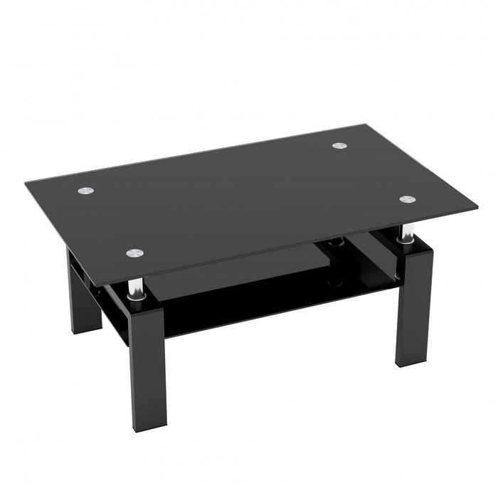 Table basse moderne rectangulaire en verre trempe transparent Liam, avec pieds noirs