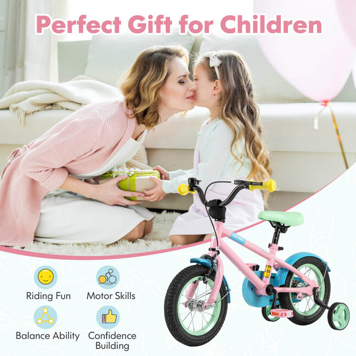Costway 12\" Velo Pour Enfants Avec Guidon Reglable De Selle Roues D'entrainement Amovibles Frein A Main Rose