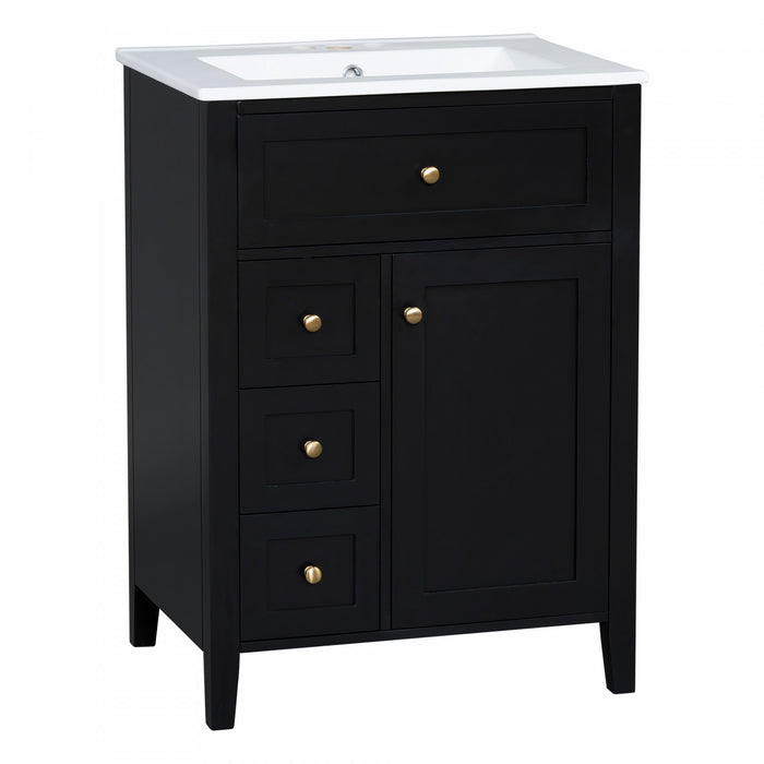 Scott Meuble-lavabo de 24\" avec vasque en ceramique et pieds en bois caoutchouc, Noir