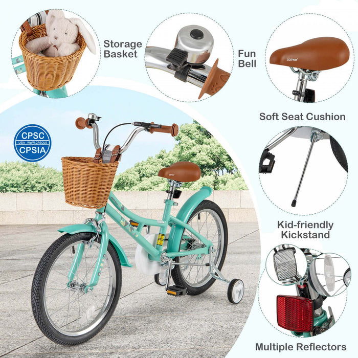 Costway 18\" Velo Pour Enfants Avec Guidon Reglable En Hauteur Siege Panier Cloche Roues D'entrainement Vert