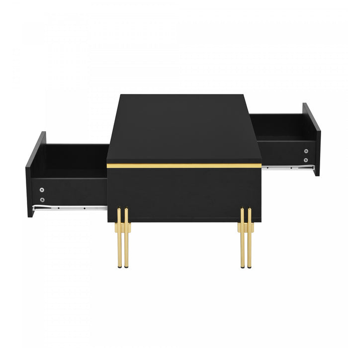Lustra Table Basse Moderne Haute Brillance 39.4 po avec Double Tiroirs et Accents Dores, Noir