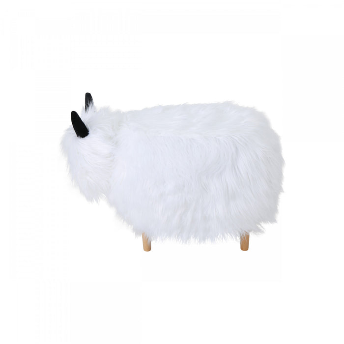 Pouf Repose-pieds Julius En Bois Tapisse Avec Pieds En Forme De Yak, Blanc