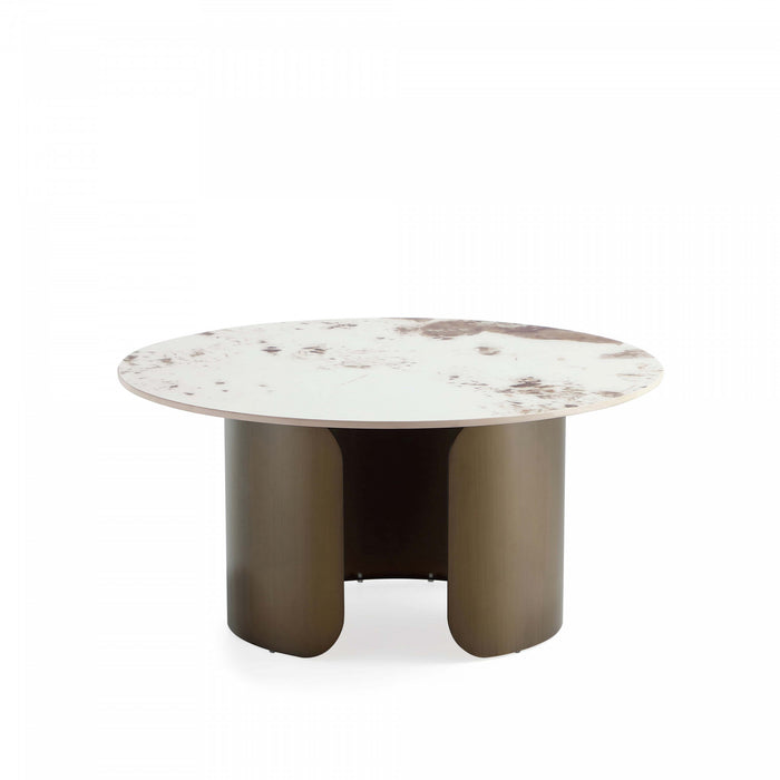 Table basse Monica Modern Glam avec plateau en pierre frittee, finition bronze