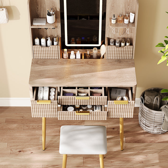 Isabella Ensemble de coiffeuse 4 tiroirs avec miroir LED et pieds en metal, Brun Jaune