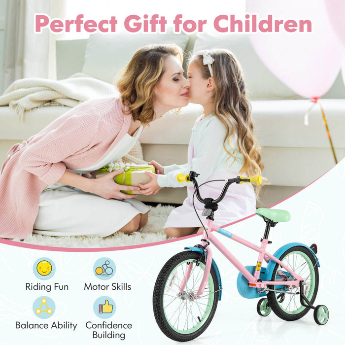 Costway 18\" Velo Pour Enfants Avec Guidon De Selle Reglable Roues D'entrainement Amovibles Frein A Main Rose