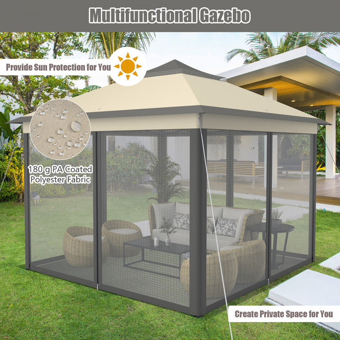 Costway 11’x11’ 2-tier Tente Pop-up Gazebo Abri A Canopy Portatif Sac De Transport Maille Brun