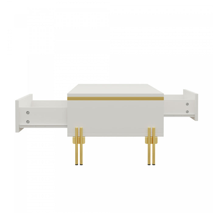 Lustra Table Basse Moderne Haute Brillance 39.4 po avec Double Tiroirs et Accents Dores, Blanc