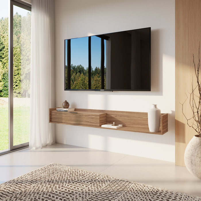 Meuble pour téléviseur mural mince Nordika de 72 po avec armoire de rangement - noyer clair