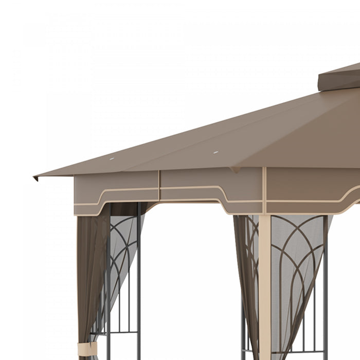 Outsunny 12' X 10' Tonnelle Pavillon Jardin Patio Terrasse Gazebo Auvent Abri D'exterieur Avec Double Toit Moustiquaires Cadre En Metal Brun