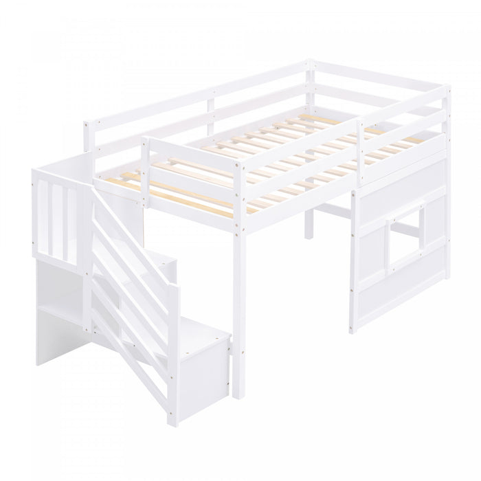 Martin – Lit Mezzanine Simple En Bois Massif Avec Escaliers De Rangement, Fenetre Ludique Et Eclairage Del – Blanc