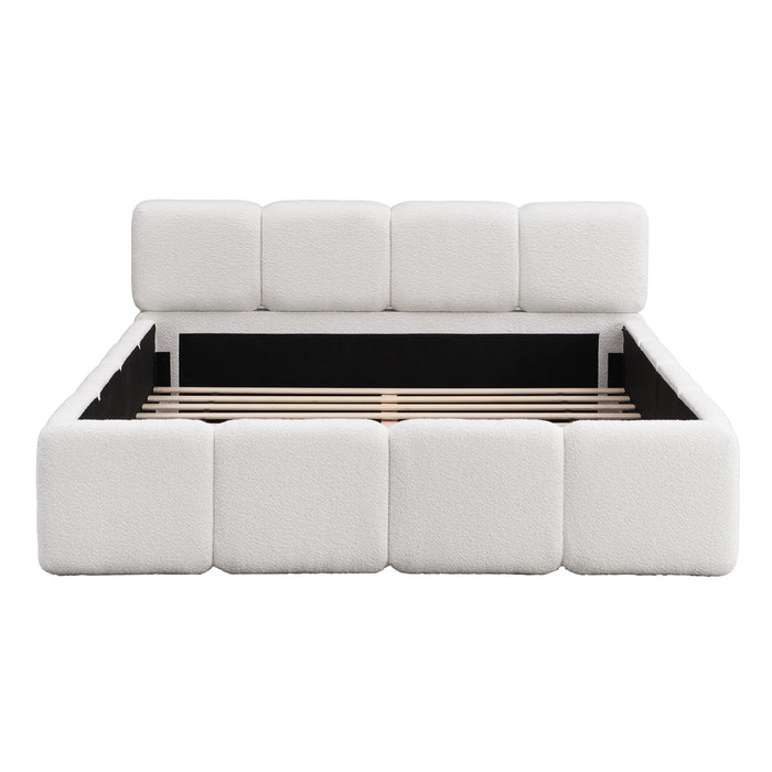 Lit plateforme Aiden avec cadre rembourre de soutien en tissu boucle, taille King, blanc