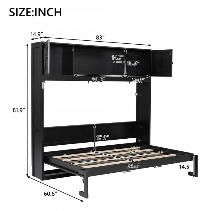 Lit escamotable Ethan en bois massif avec armoires de rangement, taille full, noir
