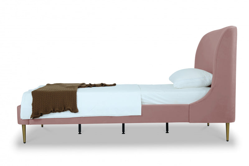 Lit jumeau Heather style milieu du siecle moderne en velours, rembourre, coloris rose poudre et or