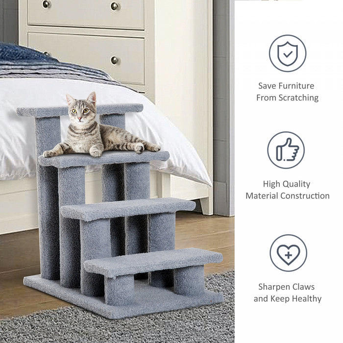 Pawhut 24'' Arbre A Chat Escalier Pour Animaux Chats Avec Griffoirs 4 Marches Panneaux De Particules Peluche Courte Gris