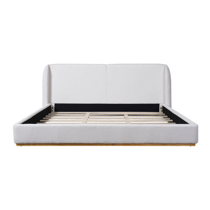 Lit plateforme Lucas a profil bas en boucle avec tete de lit a oreilles rembourree, taille king, blanc