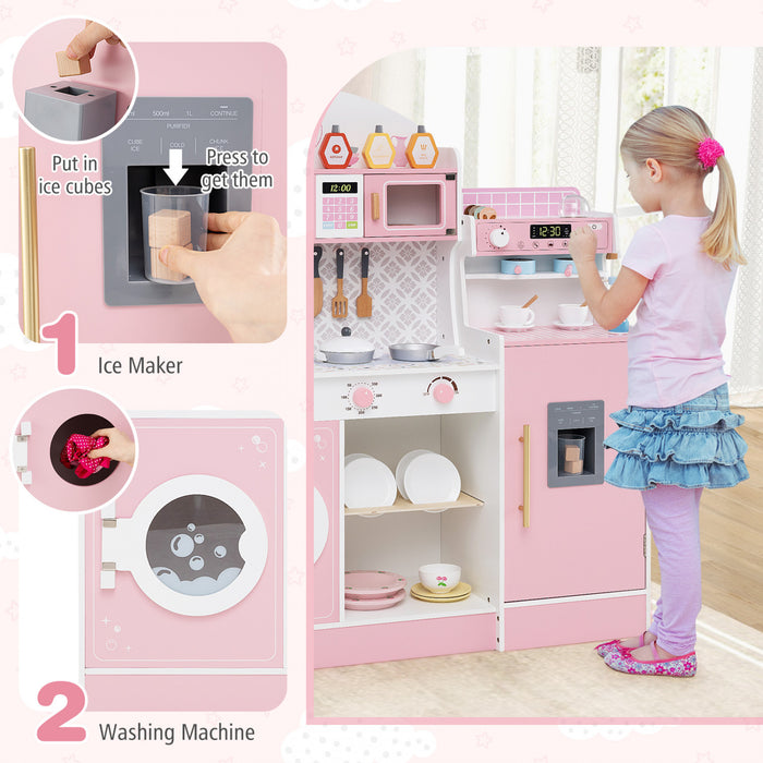 Honeyjoy Jeu De Cuisine Pour Enfants Jeu De Cuisine En Bois Avec Horloge, Micro-ondes, Evier, Plateau Rose