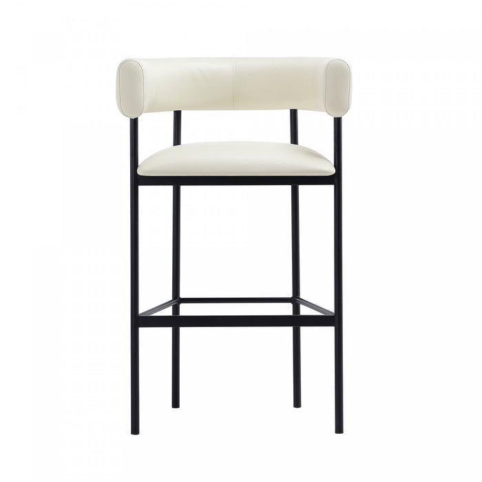 Tabouret de bar contemporain Onda en cuir vegetalien et metal, rembourre, coloris ivoire