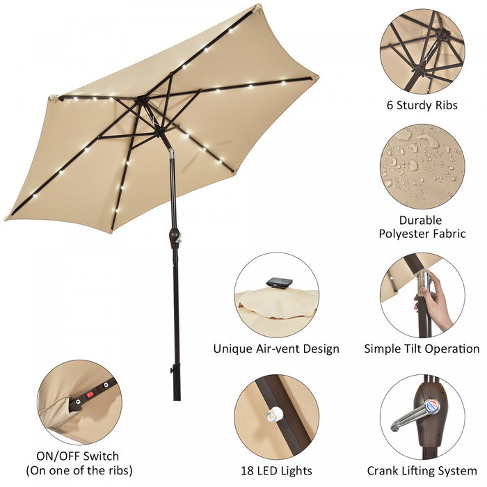 Costway Parasol de marche solaire LED de 9 pieds avec reglage d'inclinaison et manivelle, beige